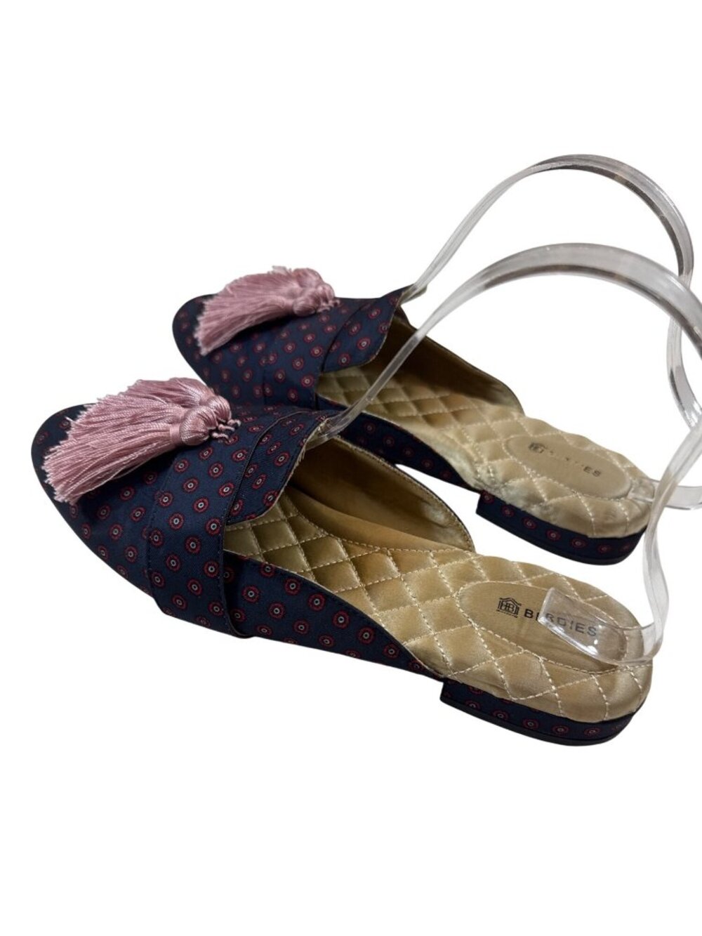 Birdies Womens Quilted Satin Slide Slippers Size 8 Navy & Pink Tassel Accent